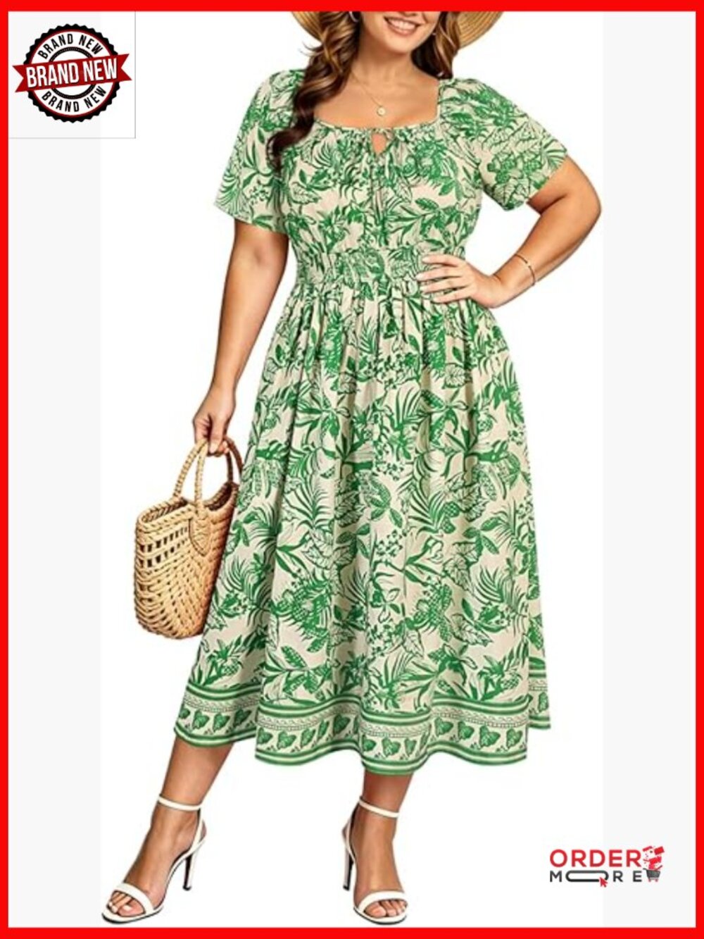 Plus Size Midi Dress Short Sleeve Square Neck Tie Front Elastic Waist Pockets